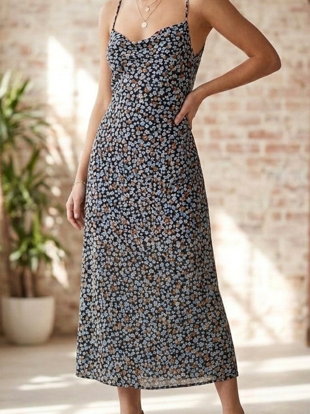Lina Floral Slip Midi Dress in Black, Orange, White, and Blue